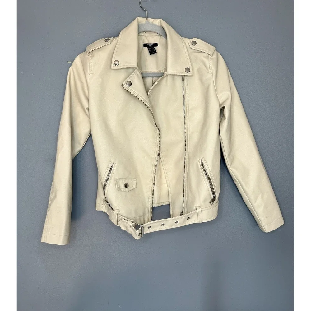 Forever 21 Moto Jacket Kids 13/14 Cream Vegan Leather Belted Biker Moto Zip
